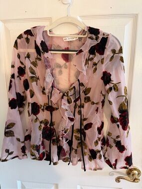 Gorgeous Avec Les Filles Pink Floral Ruffle Tie-Front Blouse